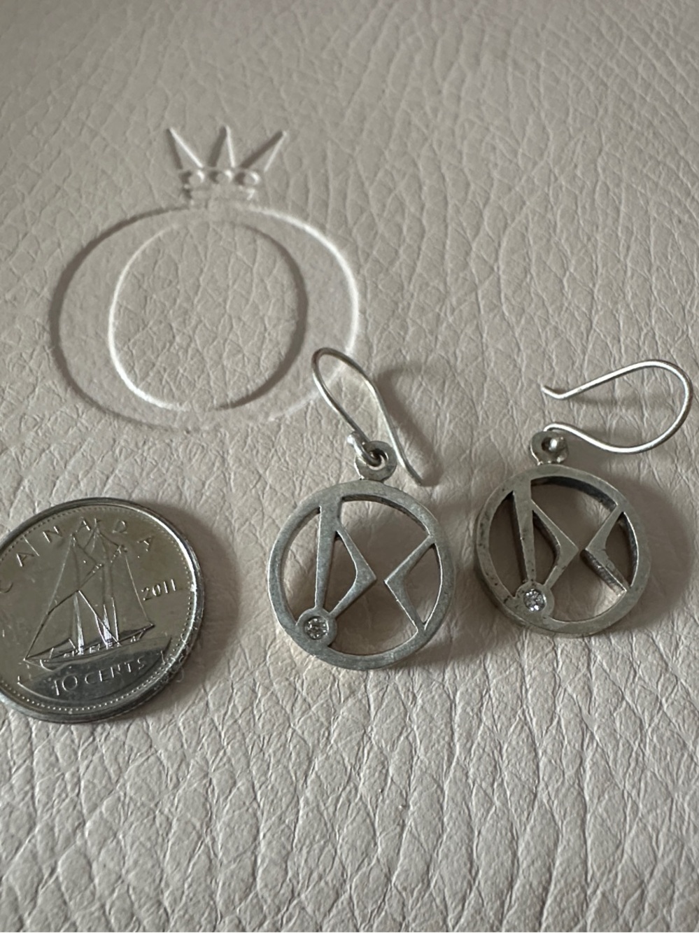 Silver Circular Monogram Drop Earrings with Crystal Accent